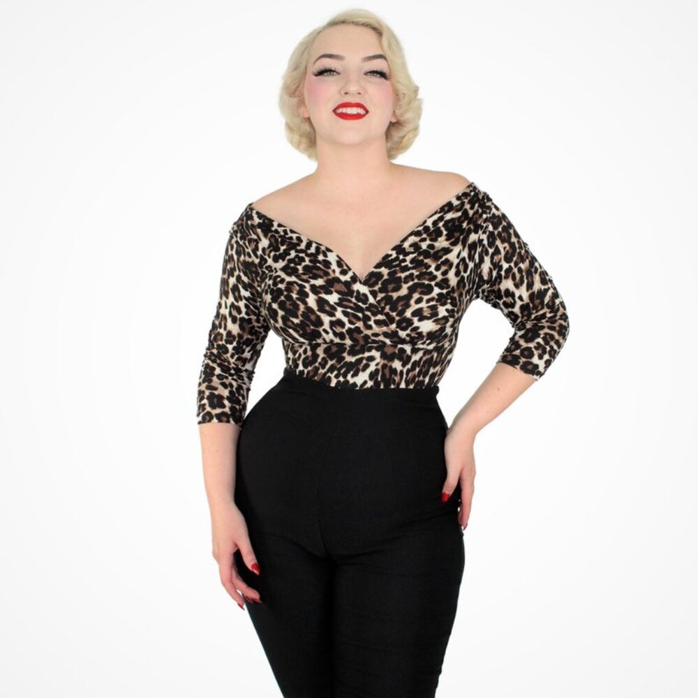 Leopard Three Quarter Sleeve Overlap Top XS-3XL